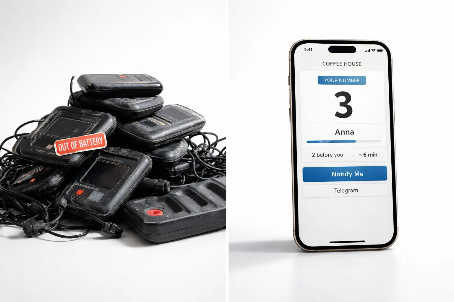 Comparison: pile of old restaurant pagers versus modern Zskip app on smartphone