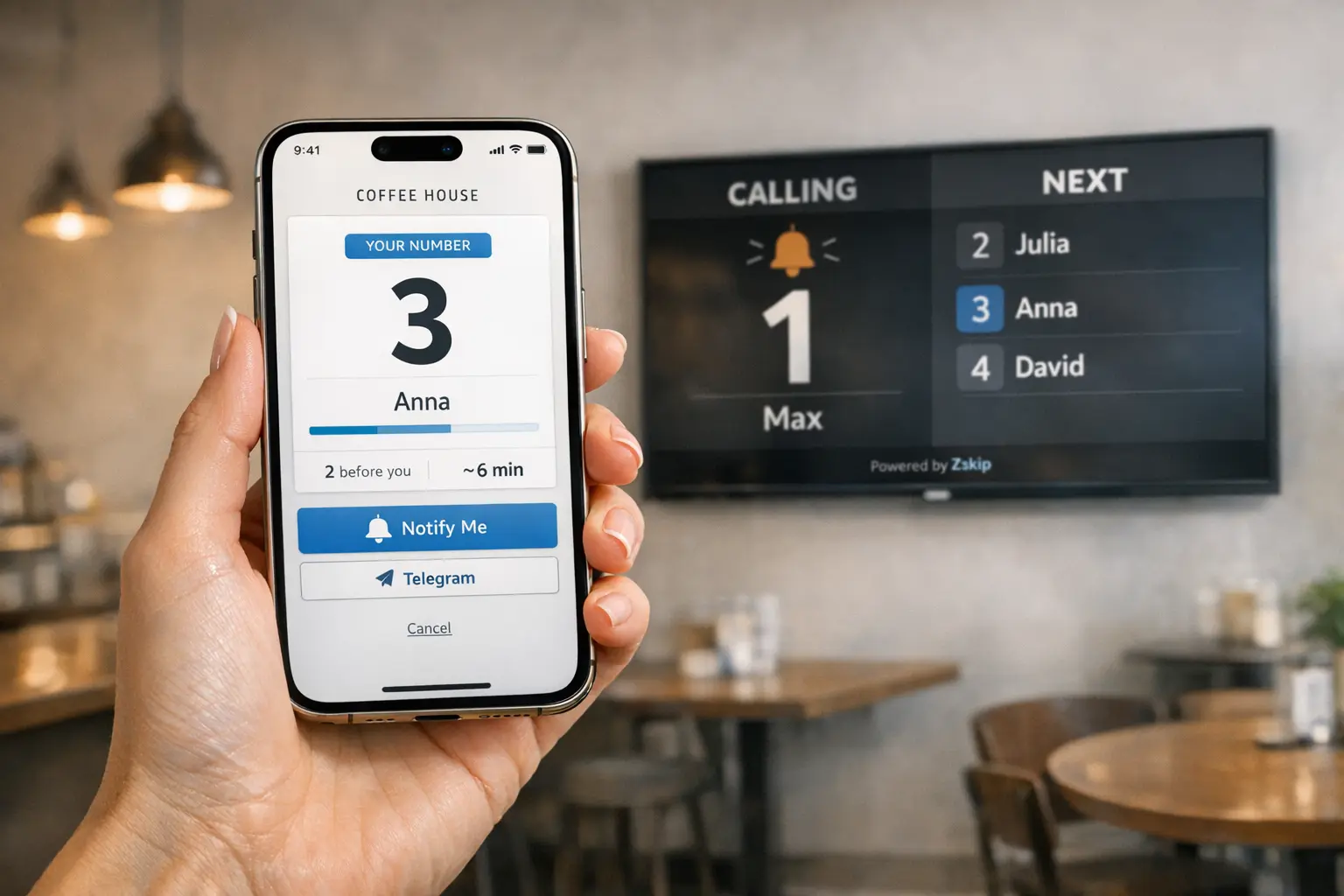 Zskip app showing queue position on smartphone with TV queue board in cafe background
